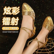 4.18 Dancing Shoes Women Latin Dance Shoes Adult Square Dance Shoes Soft Sole Mid-heel Friendship Dance Shoes Modern Golden Dance Shoes