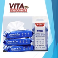 ALCEAN / ALCOSM CLEAN+GO 75% ALCOHOL WIPES 50S PACK-OF-1/3