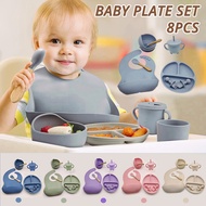【Local Delivery】Baby Feeding Set 8pcs Silicone Baby Plate Set Infant Silicon Bib Suction Bowl Cup Sp