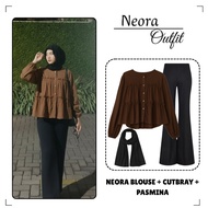 Korean Hijab Style 3in1 Women's Outfit Set (Neora Blouse + Cutbray Pants + Pashmina) Cool for Teenag