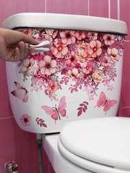 1入組粉色花紋自粘馬桶蓋貼紙,用於浴室裝飾