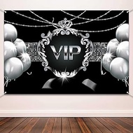 QICAIYUN VIP Backdrop for Photography Black Silver VIP Theme Background Silver Balloon Crown Party B