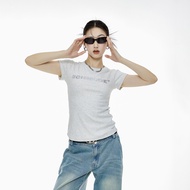 เสื้อยืดแขนสั้นทรงสลิมฟิตสำหรับผู้หญิง ICH MODE เสื้อคอกลมแขนสั้นผ้าฝ้ายผสมโพลีเอสเตอร์สีดำสำหรับฤดู