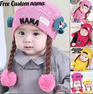 Topi Kupluk Perempuan Bayi Kepang  0-3 Thn Free Custom Request Nama