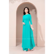 COCHIL traditional ao dai with round neck and short sleeves made of turquoise Japanese silk - AD010H