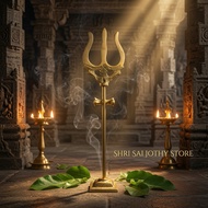Brass Trishul Soolam with Damaru Stand | Lord Shiva Trident Statue | Hindu Pooja Decor & Altar Acces