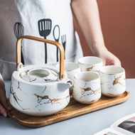 日式金色大理石紋茶具套裝啞光沖茶壺茶杯家用花茶壺配木托盤