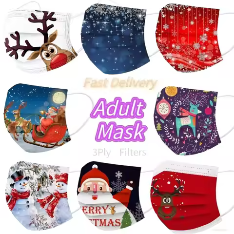20PCS Adult Face Mask Disposable Face Mask Christmas 3D Printed 3ply Ear Loop Unisex Mouth Cover Mas