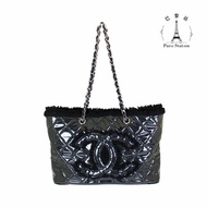 【巴黎站二手名牌專賣店】＊現貨＊CHANEL香奈兒真品＊黑色PVC大雙C絨毛邊銀鍊肩背包
