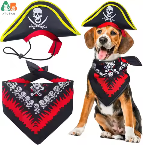 ATUBAN Skull Print Pet Pirate Hat with Pirate Skull Bandana Dog Cat Captain Cap Halloween Pirate Cos