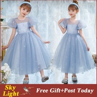 Elsa Costume Frozen Blue Dress For Kids Girl Halloween Princess Short Sleeve Mesh Gown OOTD Terno For Kid Girl Baby Clothes