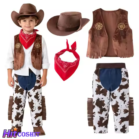 Western Boys Costume Cowboy Outfit Birthday Gift Vest Pants Bandana Halloween Costume Hat Vest Pants
