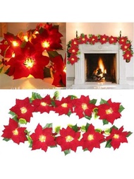 Cuerda De Lámpara, 1 Pieza De Luz De Cadena Led De Vid Artificial De Flor De Nochebuena, Luz Decorativa De Flores Y Frutas Rojas, Luz De Color Festivo, Decoración Led Con Batería (sin Enchufe), Decoración Interior Y Exterior, 2 Metros De Guirnalda Para Té, Flores Iluminadas Iluminan La Decoración Del Hogar En Año Nuevo