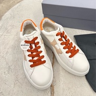 HOGAN Rebel H564 H 橘尾小牛皮拼麂皮繫帶厚底運動鞋 小白鞋(女鞋/棕色)