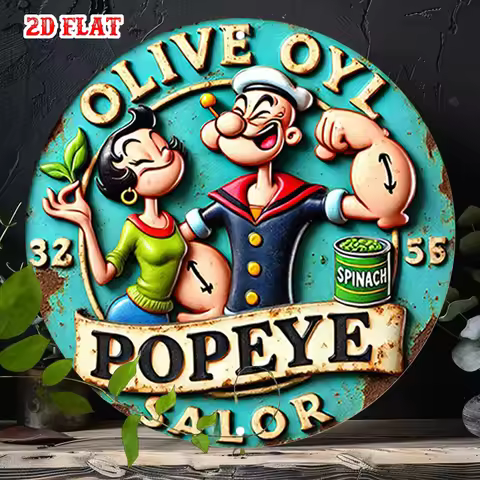 2D Flat - A 2D Flat Aluminum Tin Sign Featuring Spinach, a Sailor-Themed Round Design, And Popeye, M