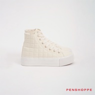 Penshoppe High Cut Quilted Lace Up Sneakers For Women (Eggshell White) [Korean Style]