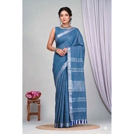Blue Linen Saree With Silver Border & Blue and white Tassels