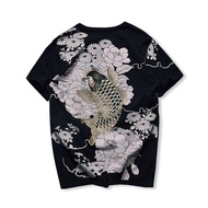 Lyprerazy Japanese Harajuku Ukiyoe Vintage Embroidered T-shirt Men Carp Fish Embroidery Chinese Styl