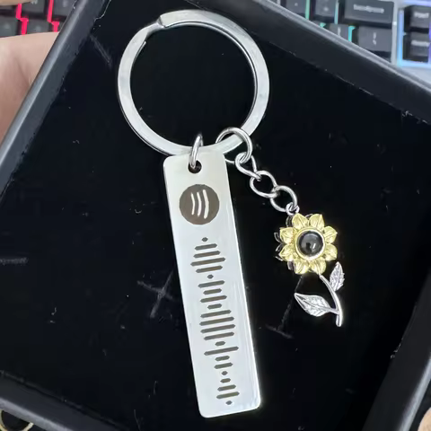 Sunflower Keychain Custom Projection Picture KeyChain Spotify Code Personalized Engraved Date Name B