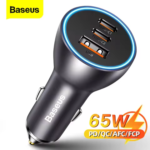 Baseus 65W Car Charger USB Type C Quick Charge 4.0 QC 3.0 PD Fast Charging For iPhone 13 Xiaomi Sams