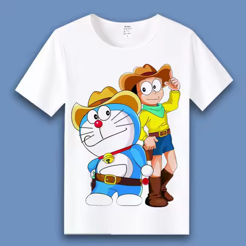 2026Summer Doraemon × Nobita "Western Cowboy" Theme 100% Cotton Printed Short-sleeved T-shirt Boys a