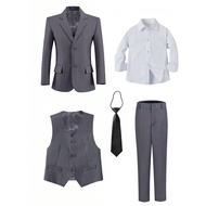 Tween Boy Suits 5-Pieces Suit Set Tuxedos Dresswear Ring Bearer Outfit Wedding Blazer Vest Pants Shi