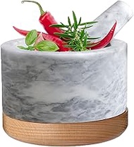 UcueFwo Mortar and Pestle Set with Detachable Anti-Scratch Wood Base,Natural Marble Extra Large 6.06inch Pestle Stone Grinder Bowl Ideal for Grinding Spices Chillis Pesto Guacamole (Marble), 1410.5
