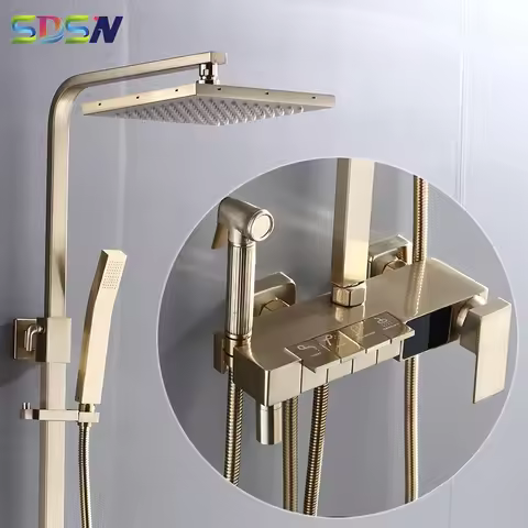 Brushed Gold Digital Piano Shower Set Brass Antique Bathroom Mixer Faucet Set Shower Head with Panel