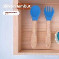 Set Sudu Garpu Pemegang Kayu Silikon Merentas Sempadan Sudu Lembut Menyuap Bayi Latihan Makan Kanak-