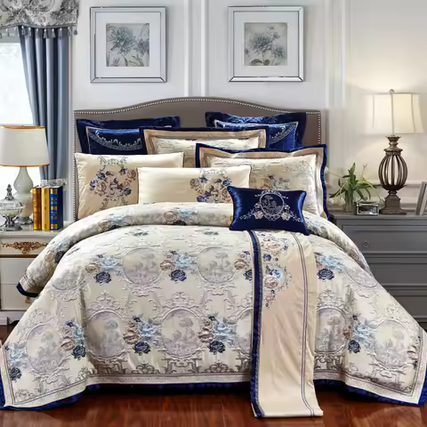 4/6/10Pcs Blue Jacquard Luxury Bedding Set King/Queen Size US king 104X90in Cotton Flat sheet Bed Sp
