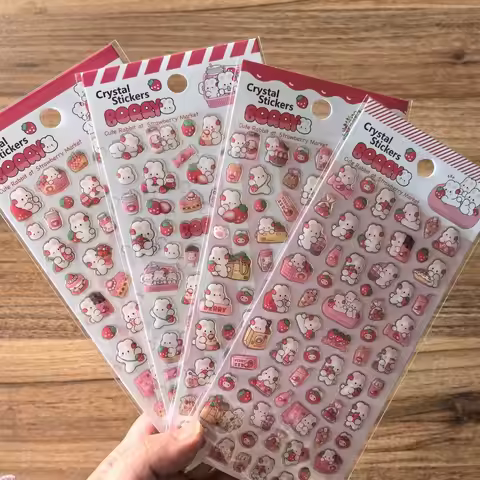 4 Sheets Roary Bear Strawberry Crystal Stickers - Cute Cartoon Bear Decals for DIY Crafts Journals B