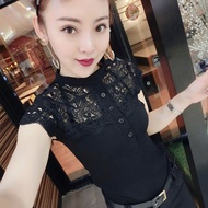 2023 Spring Women's Korean Version Lace Stitching Short-Sleeved t-Shirt Women Fashion Stand-Up Collar Fashion All-Match Loose Top 2023 Spring Women's Korean Version Lace Stitching Short-Sleeved t-Shirt Women Fashion Stand-Up