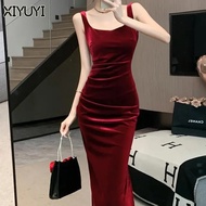 XIYUYI ผู้หญิงชุดสตรีกำมะหยี่สีทึบ Retro สแควร์คอ Slim Dress กระโปรงยาว 2024ชุดไทยเด็กหญิง