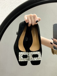 เรียบหรู รองเท้าส้นสูงพื้นผิวกํามะหยี่เลดี้ฝรั่งเศส ผู้หญิง สไตล์ใหม่ Retro Fairy Diamond Square Buc