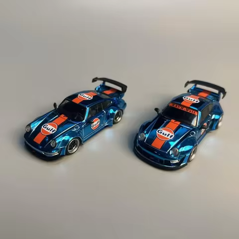 Flame 1:64 Porsche RWB 993 964 electroplated blue Gulf acrylic painted base alloy car model