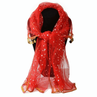 ERMENLED Red Dance Headdress Sequin Design Golden Coin Trim Dance Veil Exquisite Tassel Wedding Veil