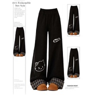 Embroidered black casual pants for women, plaid cuffed loose straight pants