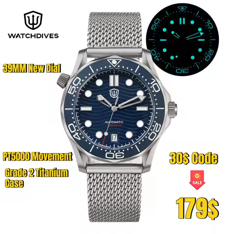 Watchdives 39mm WD007 V4 Watch PT5000 Automatic Movement Titanium NTTD Wristwatch Domed Sapphire Cry