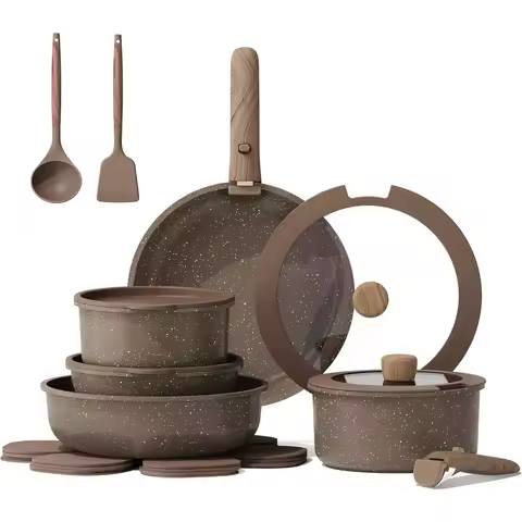 CAROTE 17-Piece Non-Stick Pots and Pans Set with Removable Handles, Cookware Set for Kitchen, Oven a