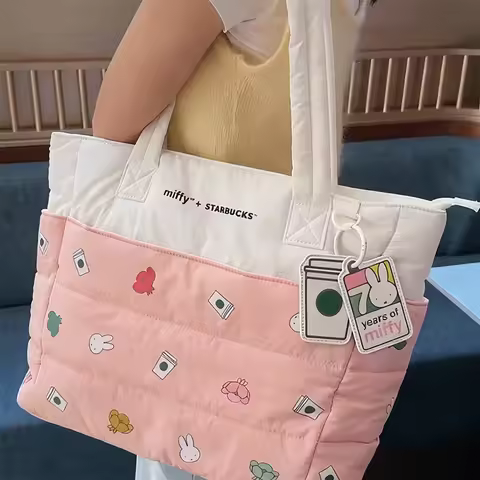 Kawaii Miffy Starbucks Theme Pink Tote Bag Cute Rabbit Large Capacity Shoulder Bag Handbag School Me