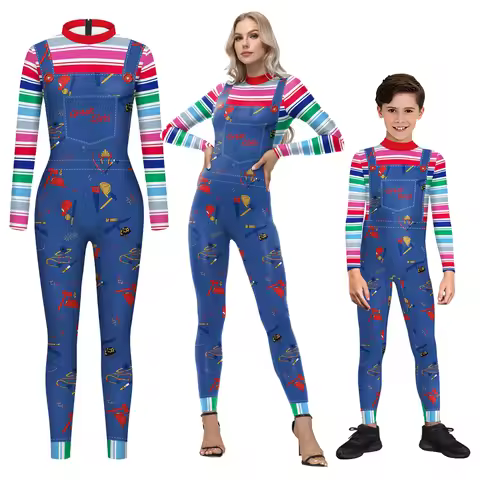 Adult Kids Clown Chucky Cosplay Costume Boy Girls Bodysuits Halloween Carnival Party Dress Up Zentai