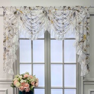 Cottage Floral Birds Printed Sheer Waterfall Curtain Valance With White Ruffled Lace Trim Rod Pocket Customized Swag Kitchen Valance Linen Textured Voile Curtain Head 1 Panel