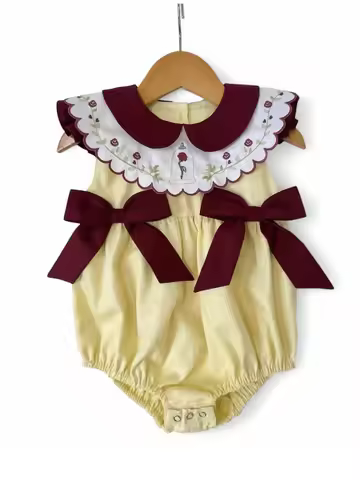 0-6Y Girl Summer Flower Embroidery Yellow Red Rompers for Birthday Photography B555