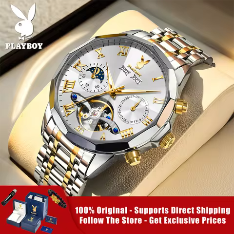 PLAYBOY 3089 Brand original authentic watches for man luxury Gift Box Steel belt multifunctional mec