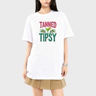 Vintage vacation style "TANNED TIPSY" cocktail print casual loose round neck short sleeved T-shirt