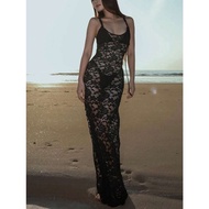Black Floral Lace Cover Up Dress (Bikini not included) Beach Dress Bikini Outerwear Slim Maxi Dress 