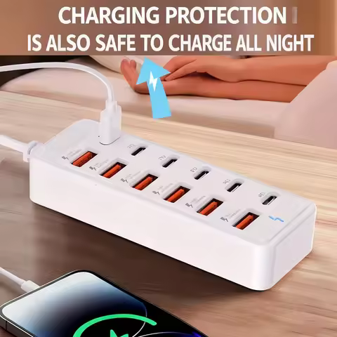 66W 12 in 1 USB Fast Charger 6 USB 6 Type C Multi Ports Plug Hub 1M Extension Cables USB Extender fo