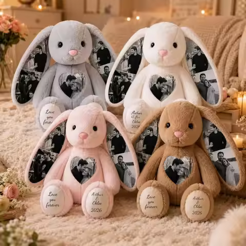 Custom Heart Photo Bunny Plush – Personalized Hidden Ear Picture Bunny Custom Text Anniversary Gift 