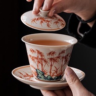礬紅靈芝竹紋三才蓋碗泡茶蓋碗家用中式復古陶瓷功夫茶具茶杯單個