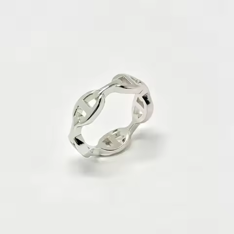S925 Sterling Silver Pig Nose Chain Link Ring Hollow Oval Interlocking Band Stackable Minimalist Fin